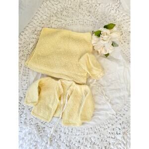 Vintage 60's 100% WOOL Hand Knit Yellow Baby Sweater Bonnet & Blanket SET 0-3 Mo